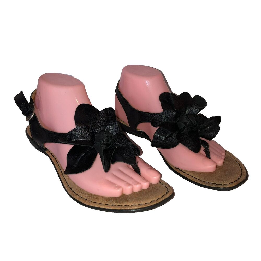 BOC Born Sz 8 Black Floral Leather Strap Back Flat Sandals Bohemian Cottagecore